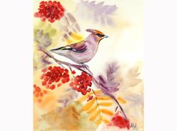 cedar waxwing painting bird on branch original watercolor fall leaves wall art 12x10''