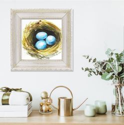 bird nest painting robin egg original art tiny bird painting easter watercolor 8x8''