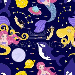 octopus space cosmos princess girl seamless pattern vector