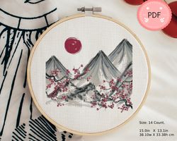 asian cross stitch pattern , japanese mountains and blossoms, asian landscape, pdf file,japanese traditional painting