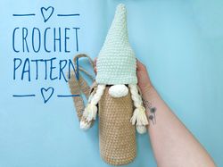 gnome crochet water bottle holder pattern, cozy water bottle sling crochet, plush gnome bag tutorial, bottle bag