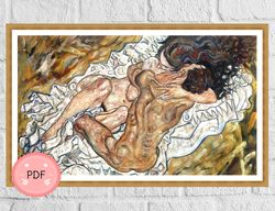 cross stitch pattern,the embrace by egon schiele,pdf,instant download,famous paintings,passionate couple,full coverage