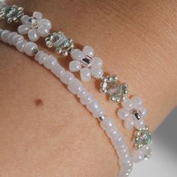aquamarine color glass braided bracelet flower beaded bracelets set handmade cute jewellery dainty jewelry daisy jewels