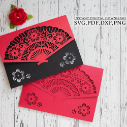 wedding invitation template svg, trifold flamenco fan 5x7 pocket envelope template for cricut, laser cut, papercut