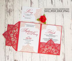 wedding invitation svg template, trifold 5x7 indian pocket envelope for cricut, laser cut, papercut, cameo svg dxf ai