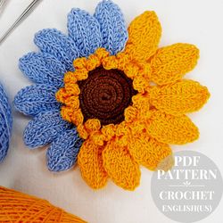 crochet sunflower pattern, crochet flower, crochet applique, crochet motif, flower pattern, crochet decor, pattern pdf