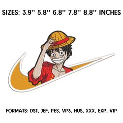 monkey d luffy embroidery design file, one piece anime embroidery design, machine embroidery. nike embroidery pes file