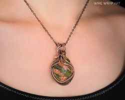 large copper wire wrapped unakite pendant 7 22 anniversary gift unique jewelry powerful positive energy wire wrap art