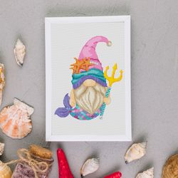 mermaid gnome, cross stitch pattern, sea cross stitch, summer cross stitch, beach cross stitch