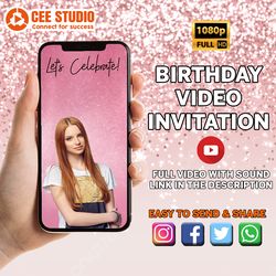 animated birthday invitation, birthday invite, evite, birthday celebration, any age, invitation with photo, pink, gold