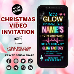 neon glow party digital video invitation, lets glow video invite, glow party evite, neon theme, neon glow video invite