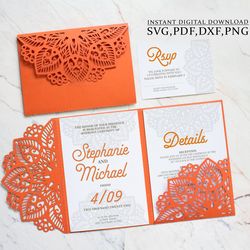 wedding invitation template svg, trifold 5x7 mandala pocket envelope for cricut, laser cut, papercut, cameo svg dxf ai