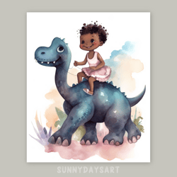 cute black girl poster, cute black girl rides a dinosaur, nursery decor, printable art, watercolor art for girls room