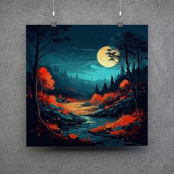 night surrealistic landscape graphic drawing - download and print
