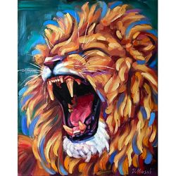 lion painting original wild animal artwork oil on canvas 16x20 inch wildlife wall art