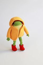 cute green yellow frog in clothes, hugo the frog, amigurumi toy pattern ,the pattern is available in english, german