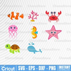 sea animal cut files, sea animal svg, sea animal clip art, cute ocean animals, baby ocean animal svg