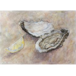 "oysters with lemon" watercolor painting stilllife clam shell seafood painting original wall art, 17,5x12,5cm.