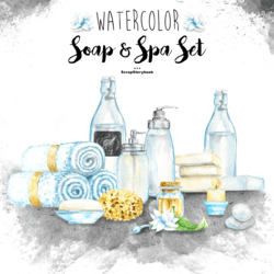 watercolor soap & spa set - digital printable watercolor clipart - natural soap, lotion bottle, towels, sponge, oil