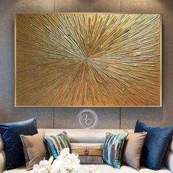 gold shiny abstract painting original art modern wall art glittery textured artwork | gold rays wall art