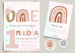 boho rainbow 1st birthday invitation