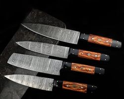 custom hand forged damascus steel kitchen chef knife  set of 4 with leather bag ,chef knife, kitchen knife, mk3715n