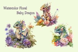 floral baby dragon watercolor, animal png, animal love png