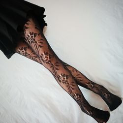 Women Floral Lace Stockings Tights Leopard Print Patterned Small Hole  Fishnets Pantyhose Stockings, Black
