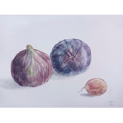 "figs with grape", watercolor original wall art painting fruit still life picture, 20x15cm.