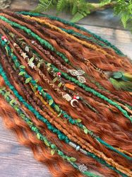 bohemian set of textured de dreadlocks and de braids with curls green ginger colors ready to ship 21-22 inches