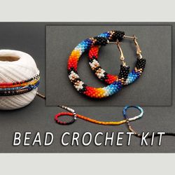 bead crochet kit ethnic hoop earrings, seed bead earrings hoops, making jewelry kit, craft projects, crochet with beads