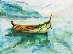 green canoe watercolor painting - digital file that you will download