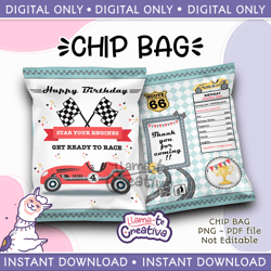 racing car chip bag, instant download, not editable