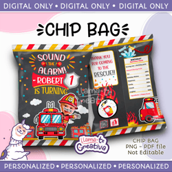 add personalization with photo, boys fireman chip bag printable birthday party