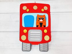 family travel, red bus, toy family travel, different vehicles, touch interactive game, silent book