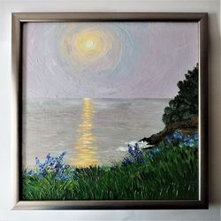 acrylic painting landscape sunset on the lake impasto art