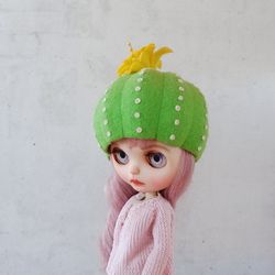 hat for blythe doll * felted wool hat* handmade hat*  original hat* blythe hat* the blossoming cactusu