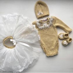 hand knit clothing set for baby girl: romper, tutu skirt, hat, booties. take home outfit. baby shower gift.