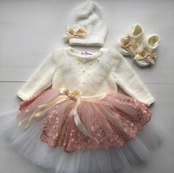 hand knit outfit for baby girl: ivory romper, tutu skirt, hat, booties. take home outfit. first birthday gown.