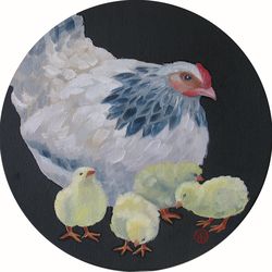 chicken painting bird original art animal round painting on canvas farmhouse wall art pet portrait 12" by colibri art