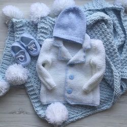hand knit clothing set for baby boy: jacket, hat, booties and blanket with name. take home outfit. baptism clothing set.