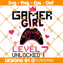 gamer girl level 7 unlocked svg, 7th birthday girl gamer svg, 7 years old gamer shirt, video game controller svg