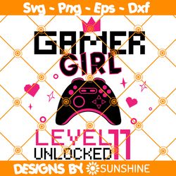 gamer girl level 11 unlocked svg, 11th birthday girl gamer svg, 11 years old gamer shirt, video game controller svg