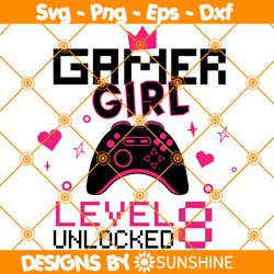 gamer girl level 8 unlocked svg, 8th birthday girl gamer svg, 8 years old gamer shirt, video game controller svg