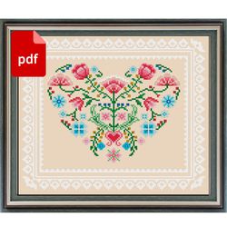 lace floral heart cross stitch pattern, vintage floral cross stitch pattern