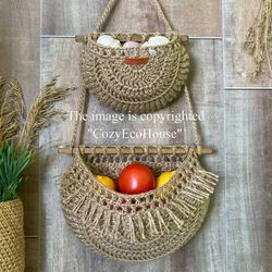 handmade hanging baskets crocheted from natural jute for kitchen storage and space saving rv camper decor new home gift