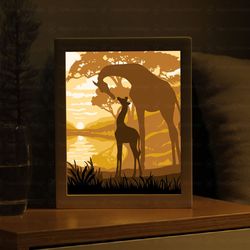 mother and baby giraffe light box template, paper cut shadow box template