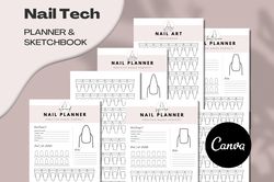 nail art planner template, nail sketch book, nail tech planner, nail practice, editable in canva