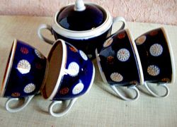 set of 5  cobalt blue gold soviet porcelain 4 cups & sugar bowl ussr vintage