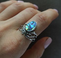 abalone shell silver ring, handmade woodstyle ring